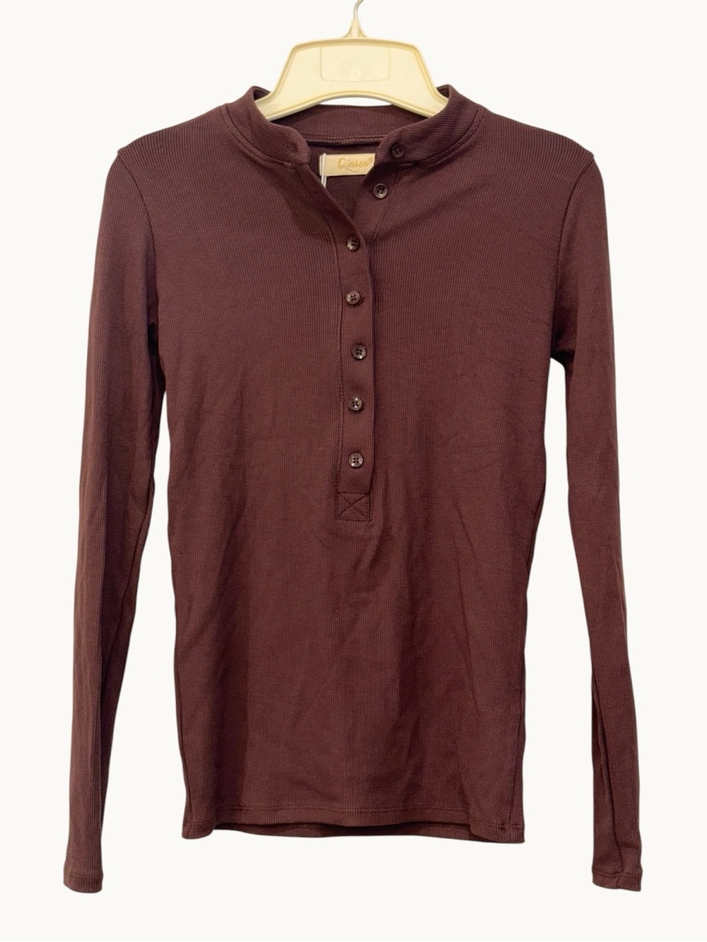 QINSEN Ribbed Long Sleeve Button Neck Top Brown Small NWT
